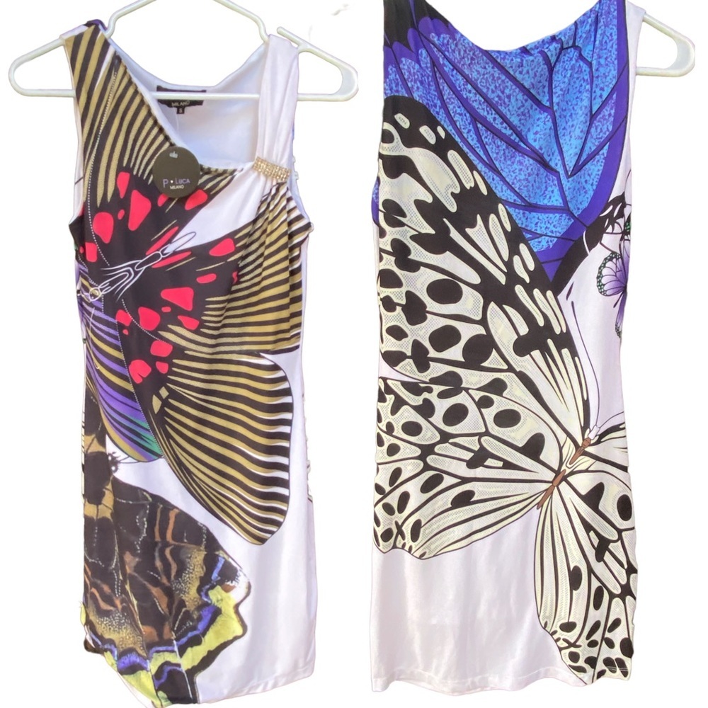 NWT P Luca Milano Womens Sz S Viscose Dress Sleeveless Multicolor Butterfly